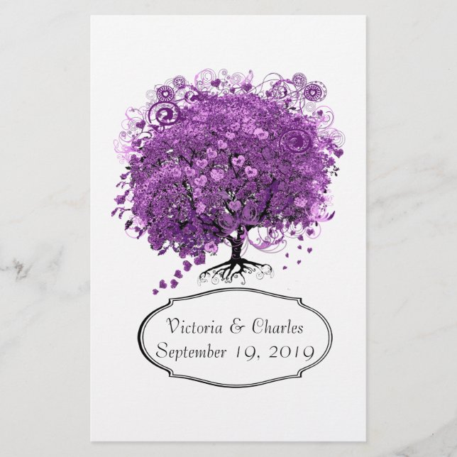 Radiant Orchid Heart Leaf Tree Wedding Stationery (Front)