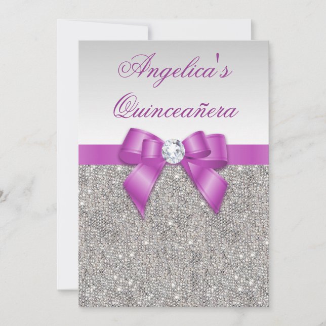 Radiant Orchid Quinceañera Silver Sequins Bow Invitation (Front)