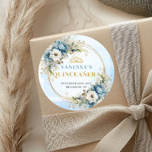 Radiant Pastel Blue Gold Eucalyptus Quinceañera  Classic Round Sticker