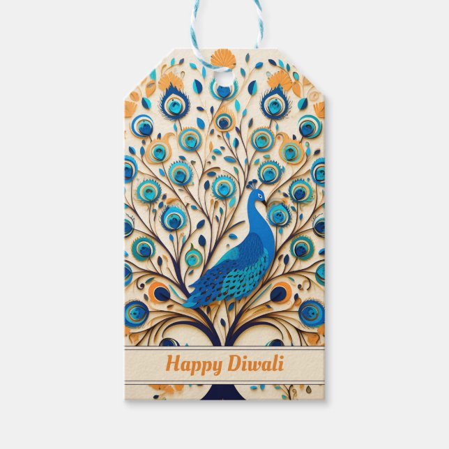 🦚 Radiant Peacock Diwali Blessings Gift Tags (Front)