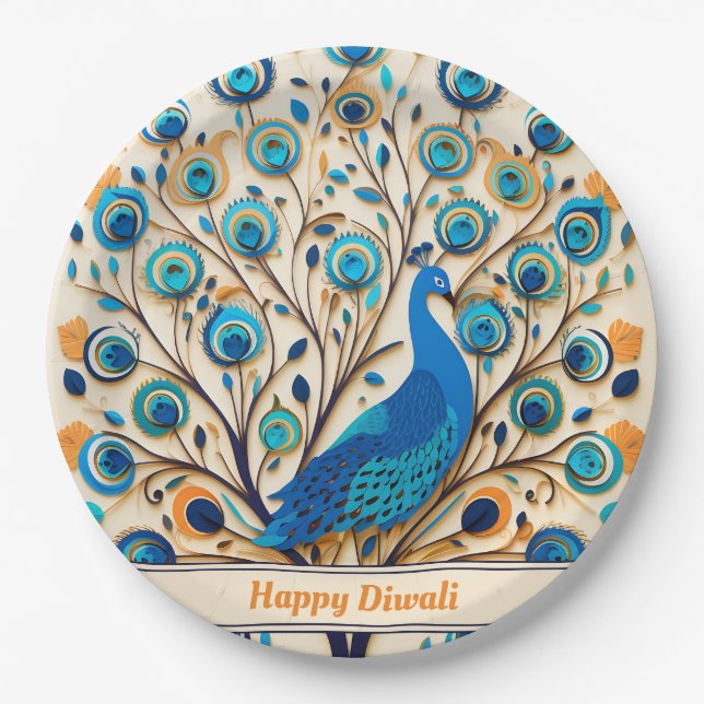 🦚 Radiant Peacock Diwali Blessings Paper Plate (Front)