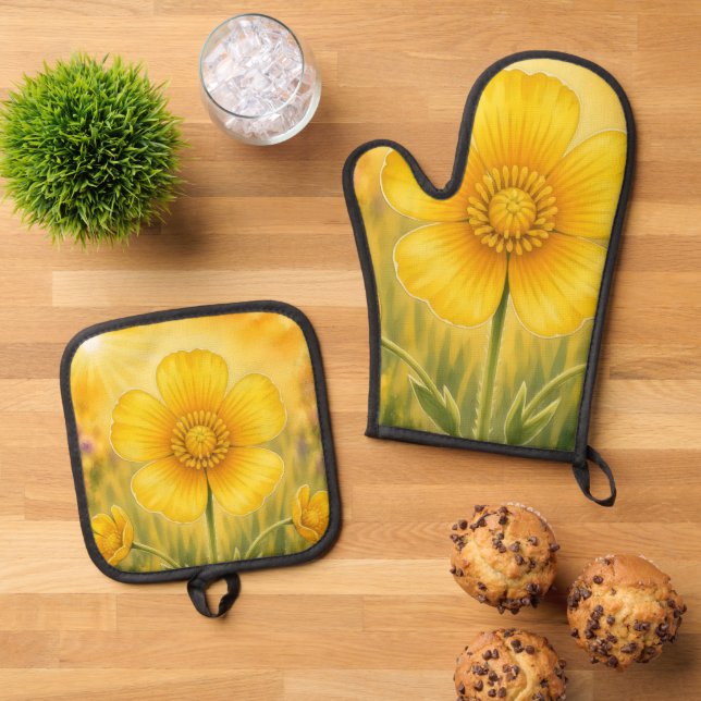 Radiant Petal Series – Buttercup Oven Mitt & Pot Holder Set (Top Down)