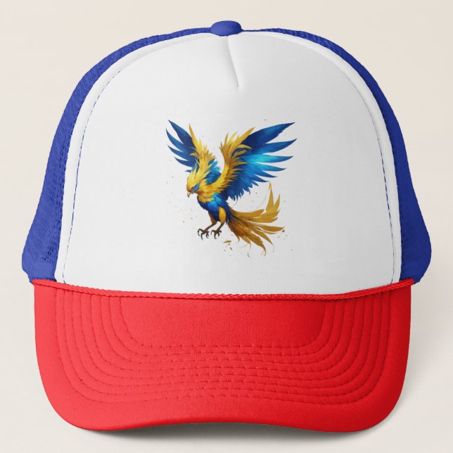 Radiant Phoenix Sky T-Shirt: Blue & Yellow Beauty Trucker Hat (Front)