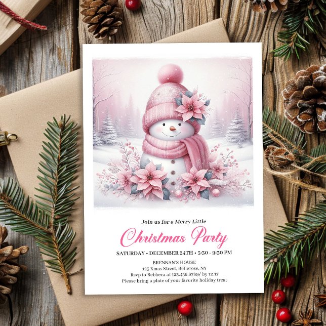 Radiant Pink Coquette Snowman Kids Christmas  Invitation (Radiant Pink Coquette Snowman Kids Christmas Invite File)