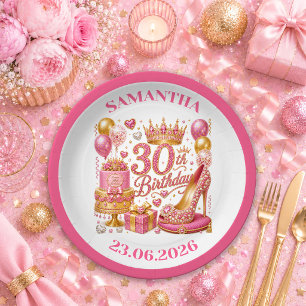Radiant Pink Gold Confetti 30th Birthday Paper Pla Plate