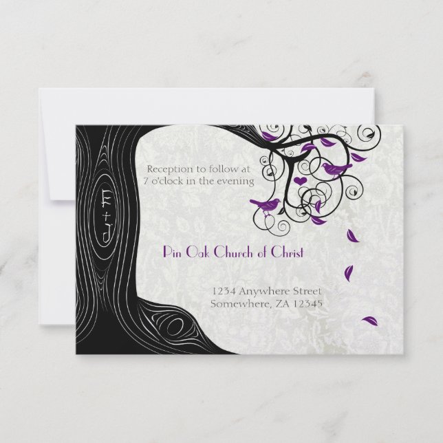 Radiant Purple Birds Wedding Reception Card (Front)