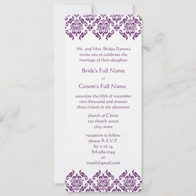 Radiant Purple Damask Swirls Wedding Invitation (Front)