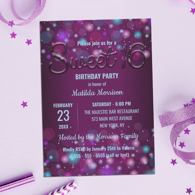Radiant Purple Elegant Lights Sweet 16 Birthday Invitation (Creator Uploaded)