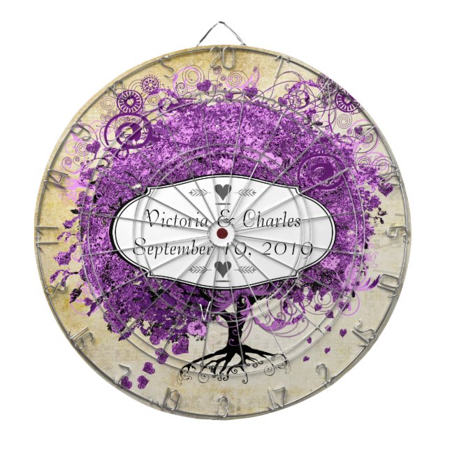 Radiant Purple Heart Leaf Tree Wedding Dartboard (Front)
