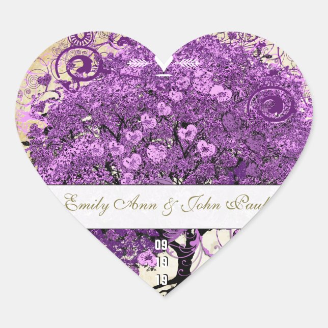 Radiant Purple Heart Leaf Tree Wedding Heart Sticker (Front)