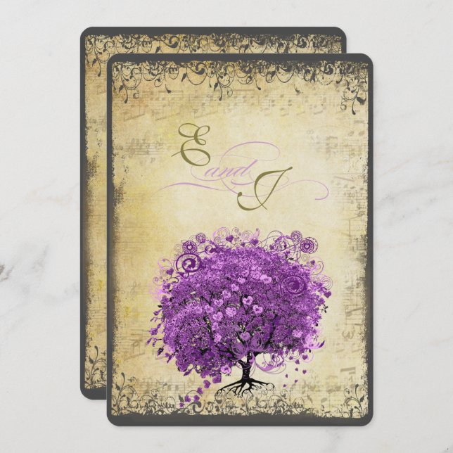 Radiant Purple Heart Leaf Tree Wedding Invitation (Front/Back)