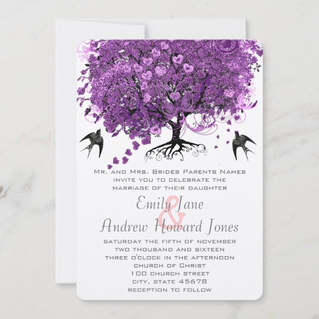 Radiant Purple Heart Leaf Tree Wedding Invitation (Front)