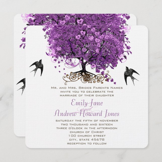 Radiant Purple Heart Leaf Tree Wedding Invitation (Front/Back)