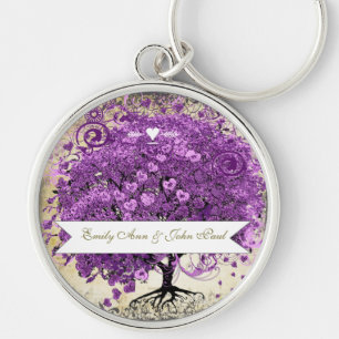 Radiant Purple Heart Leaf Tree Wedding Key Ring