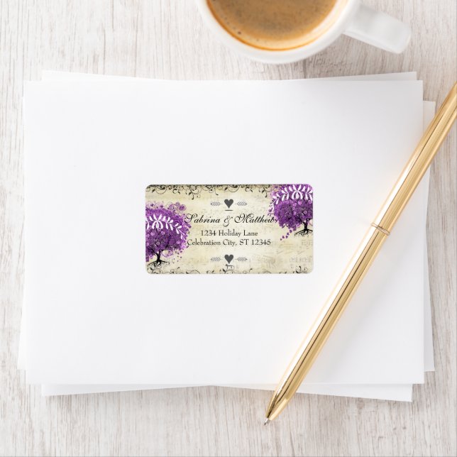 Radiant Purple Heart Leaf Tree Wedding Label (Insitu)