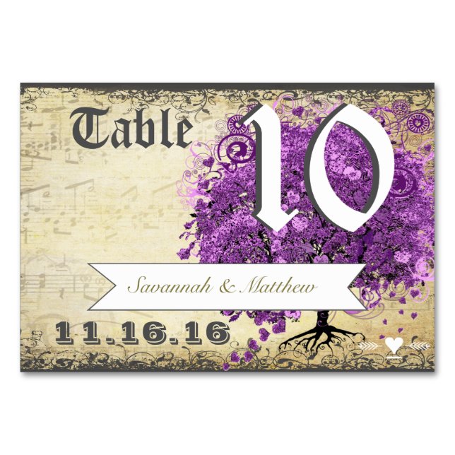 Radiant Purple Heart Leaf Tree Wedding Table Number (Back)