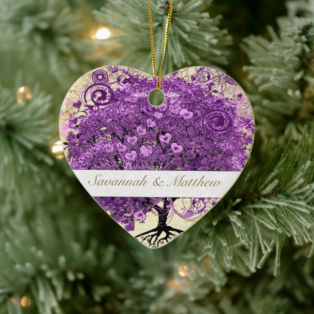 Radiant Purple Romantic Heart Leaf Wedding Ceramic Tree Decoration (Tree)
