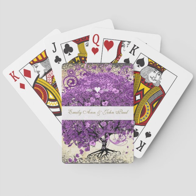 Radiant Purple Romantic Heart Leaf Wedding Playing Cards (Back)