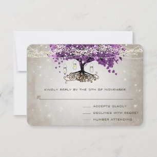 Radiant Purple Romantic Heart Leaf Wedding RSVP Card