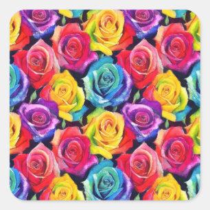 Radiant rainbow roses, floral pattern square sticker