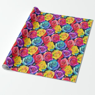 Radiant rainbow roses, floral pattern wrapping paper