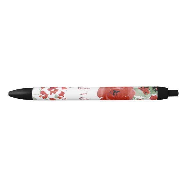 Radiant Red Watercolor Roses Black Ink Pen (Front)