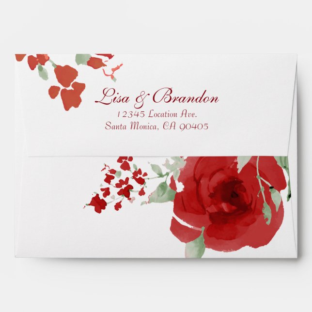 Radiant Red Watercolor Roses, Wedding Envelope (Back (Top Flap))