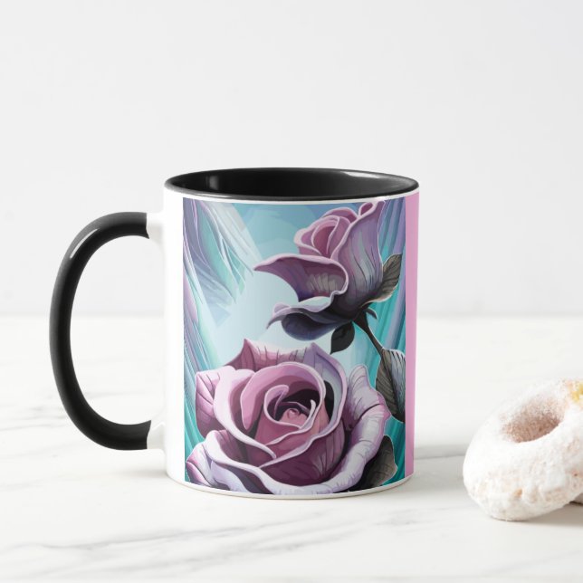 Radiant Roses: Perfectly Pink and Purple Petals Mug (With Donut)