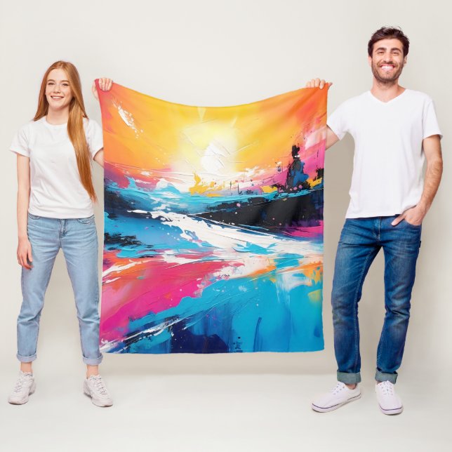 Radiant Serenity: Abstract Sunset Reflections Fleece Blanket (In Situ)