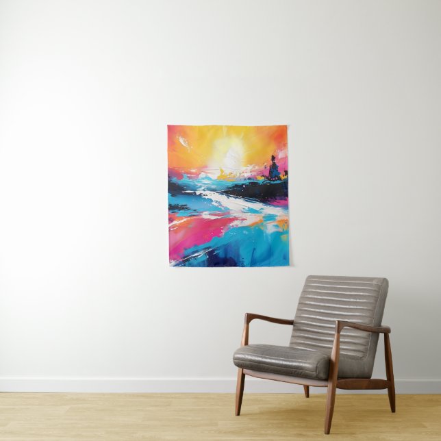 Radiant Serenity: Abstract Sunset Reflections Tapestry (In Situ)