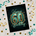 Radiant Sparkly Teal and Gold 60th Birthday Postcard<br><div class="desc">This elegant 60th Birthday postcard spotlights a bold, teal-faceted "60" outlined in radiant gold, perfectly centered like a precious jewel. "Happy Birthday" flows above and below in a graceful script, ready for customization with their name. Tiny, sparkling bokeh effects dot the deep teal background, adding a celebratory shimmer. All text...</div>
