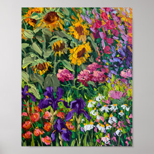 Radiant Summer Sunflower and Iris Meadow Oil Paint Poster