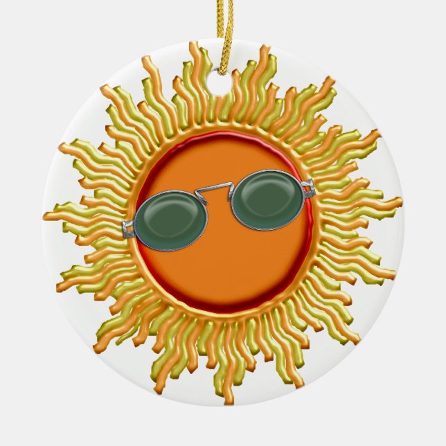 Radiant Sun with Sunglasses Ceramic Tree Decoration (Front)