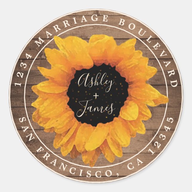 Radiant Sunflower Rustic Wedding Return Address Classic Round Sticker (Front)