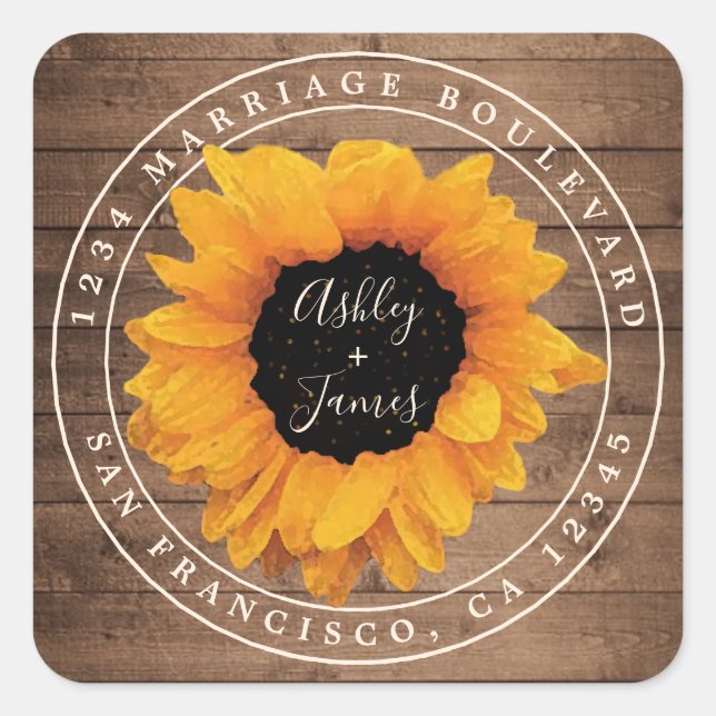 Radiant Sunflower Rustic Wedding Return Address Square Sticker (Front)