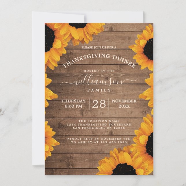 Radiant Sunflower Rustic Wood Thanksgiving Dinner Invitation (Front)