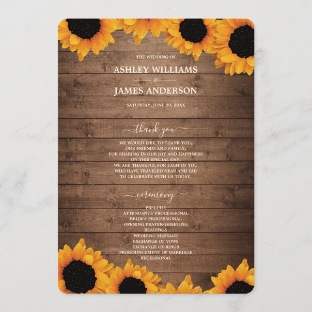 Radiant Sunflower Rustic Wood Wedding Program Programme (Front)