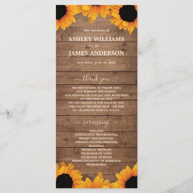 Radiant Sunflower Rustic Wood Wedding Programme (Front)