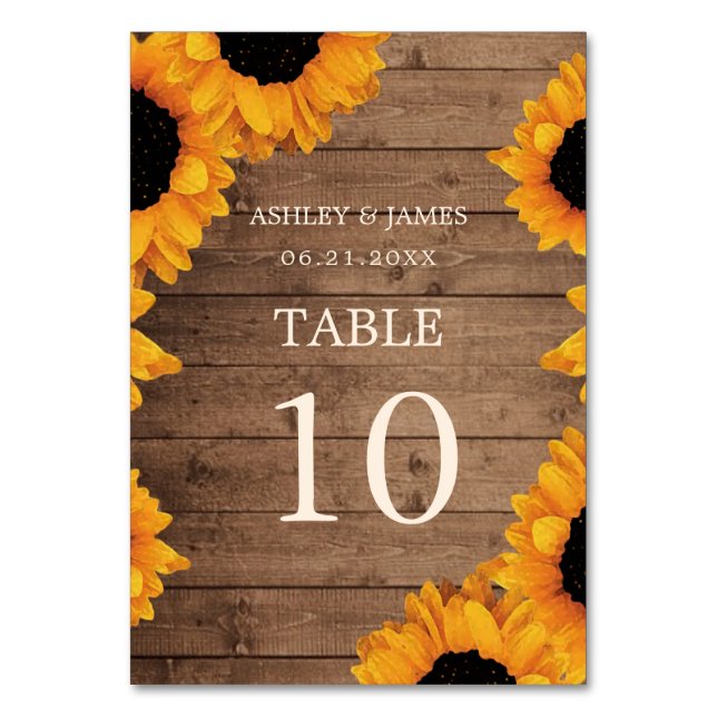 Radiant Sunflower Rustic Wood Wedding Table Number (Front)