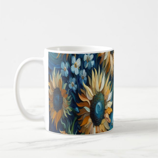 Radiant Sunflowers with Tranquil Blue Surround  Coffee Mug (Left)