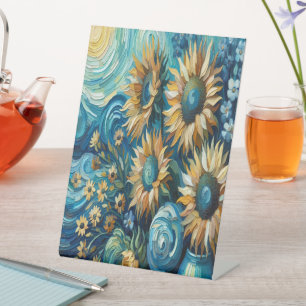 Radiant Sunflowers with Tranquil Blue Surround Pedestal Sign