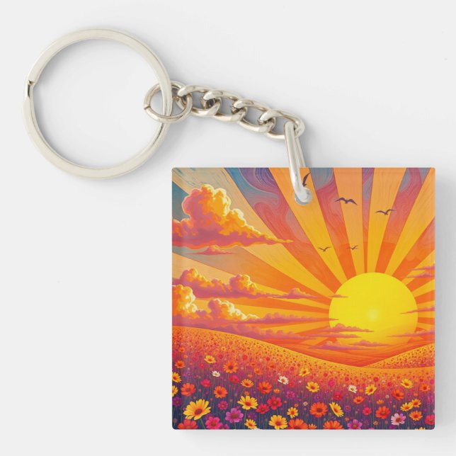 Radiant Sunset Over Whimsical Landscape  Key Ring (Front)