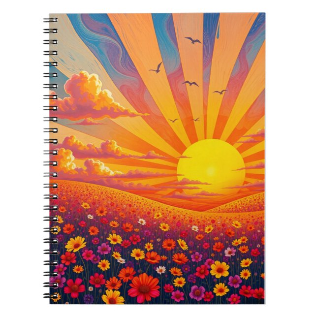 Radiant Sunset Over Whimsical Landscape  Notebook (Front)