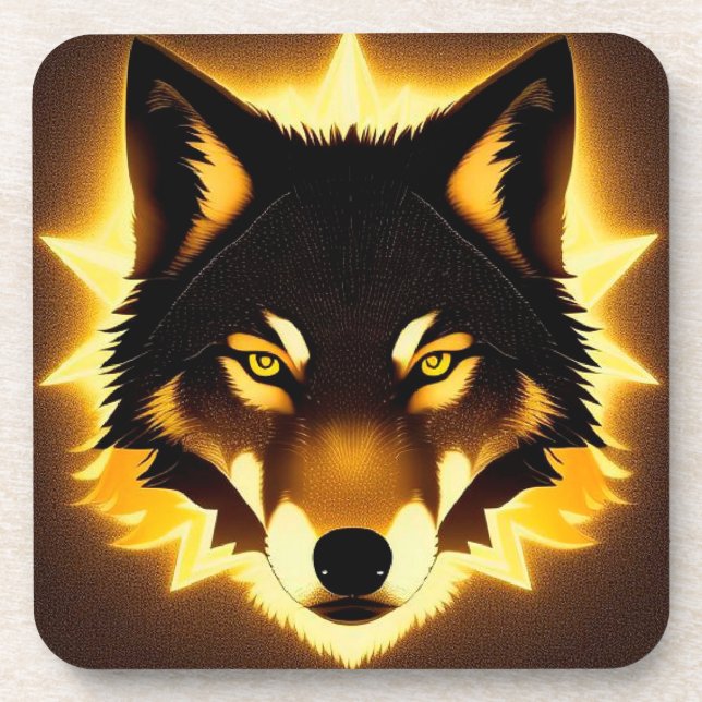 Radiant Wolf Face by Golden Light Coaster (Front)