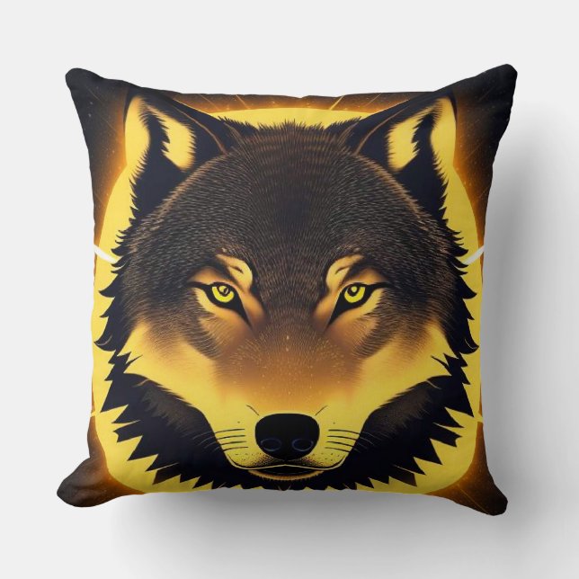 Radiant Wolf Face Illuminated by Golden Light Cushion (Front)