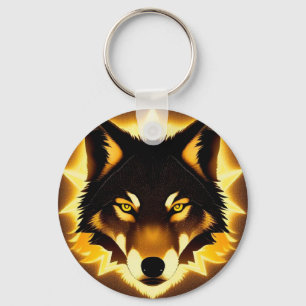 Radiant Wolf Face Illuminated by Golden Light Key Ring