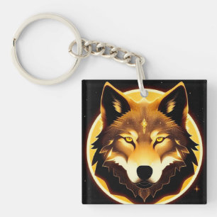 Radiant Wolf Face Illuminated by Golden Light Key Ring