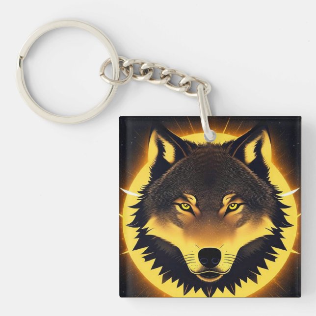 Radiant Wolf Face Illuminated by Golden Light Key Ring (Front)