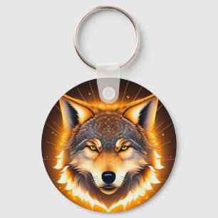 Radiant Wolf Face Illuminated by Golden Light Key Ring