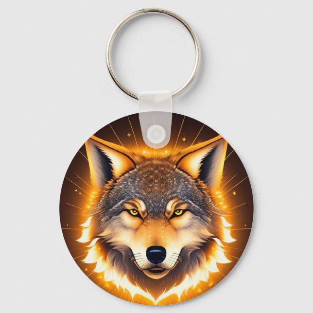 Radiant Wolf Face Illuminated by Golden Light Key Ring (Front)